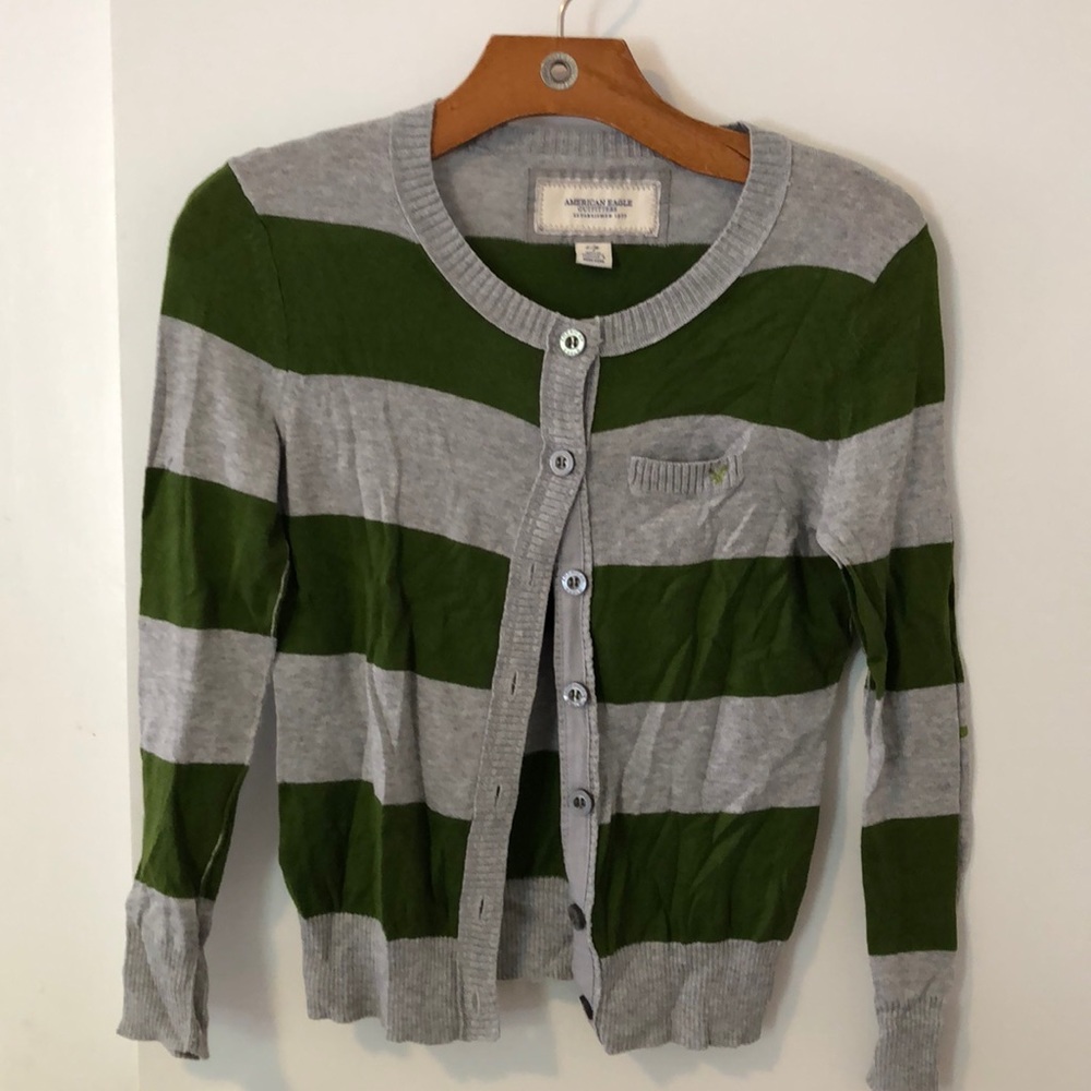 American Eagle | Womens gray&green stripe cardigan